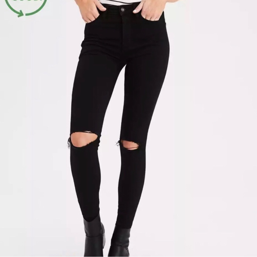 AMERICAN EAGLE Next Level Stretch Black Distressed Jeans Jegging | 2